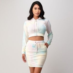 Women's 2 Piece Set Tie Dye Cropped Zip Up Hoodie With Drawstring Skirt